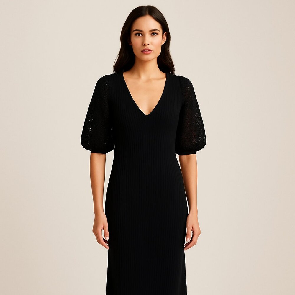 Gap Black Ribbed Knit Puff‑Sleeve Midi Dress (Medium Tall) (NWT)